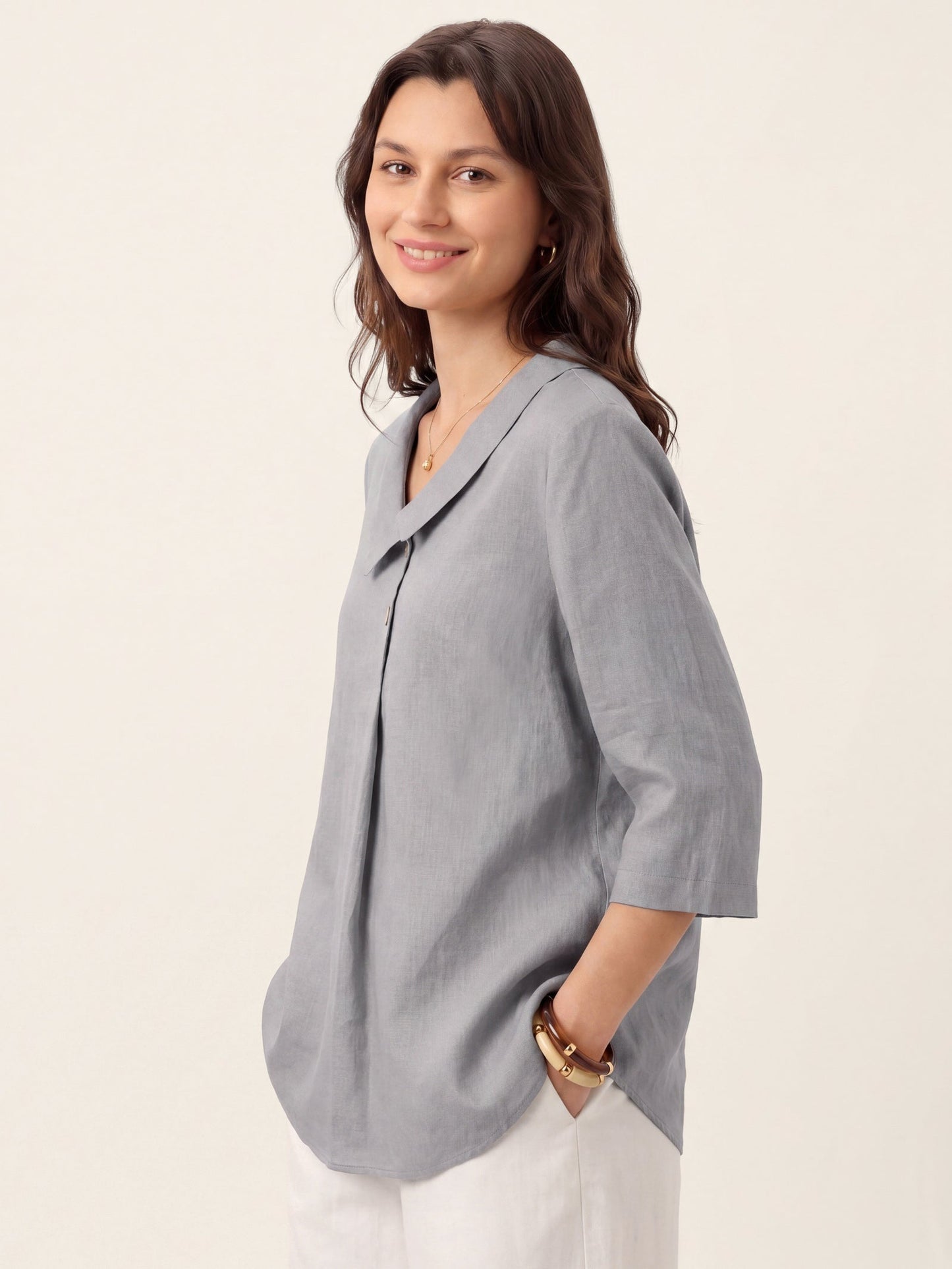 100% Linen Asymmetric Collar Inverted Pleat Top – Ottilie