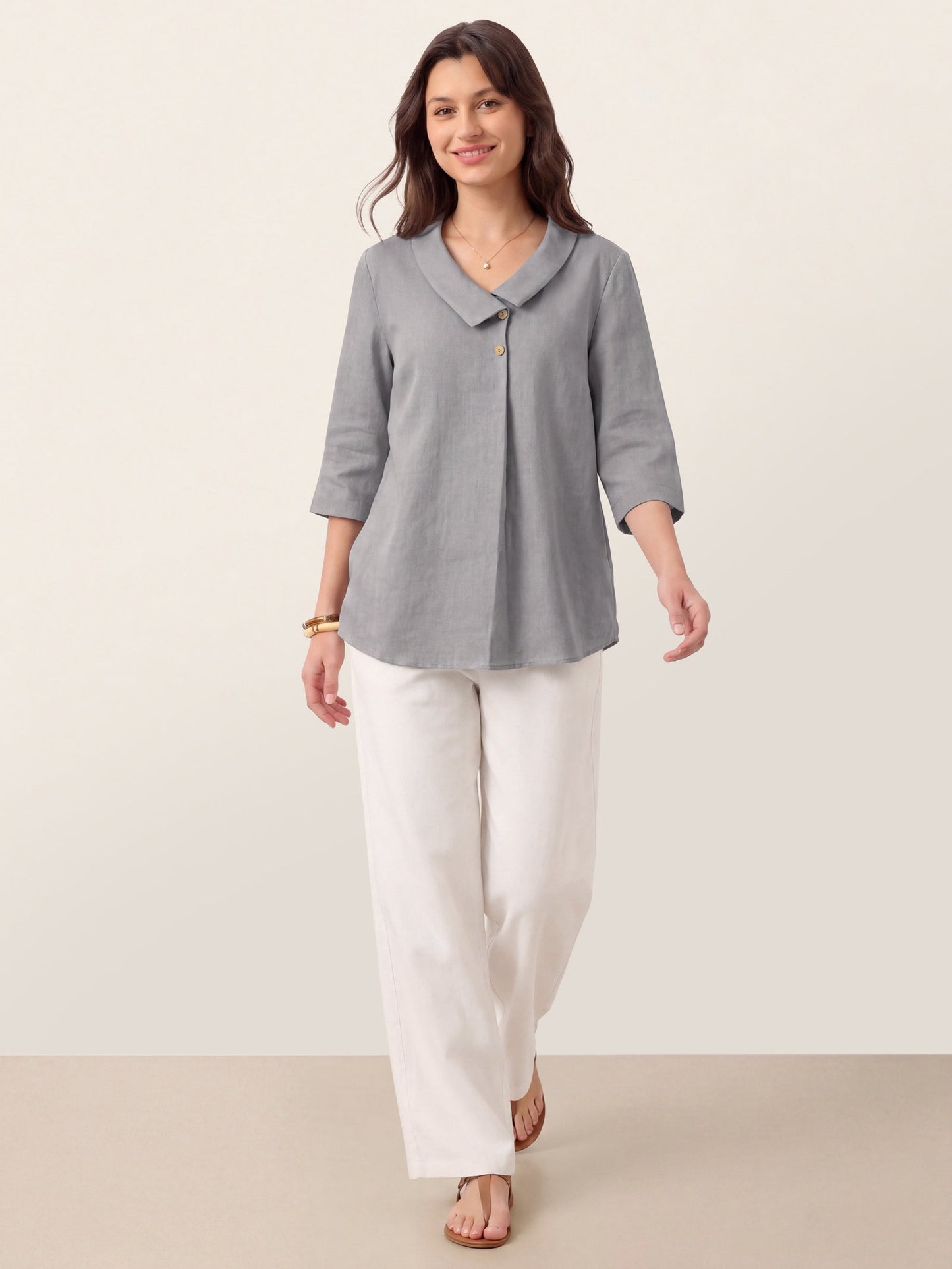 100% Linen Asymmetric Collar Inverted Pleat Top – Ottilie