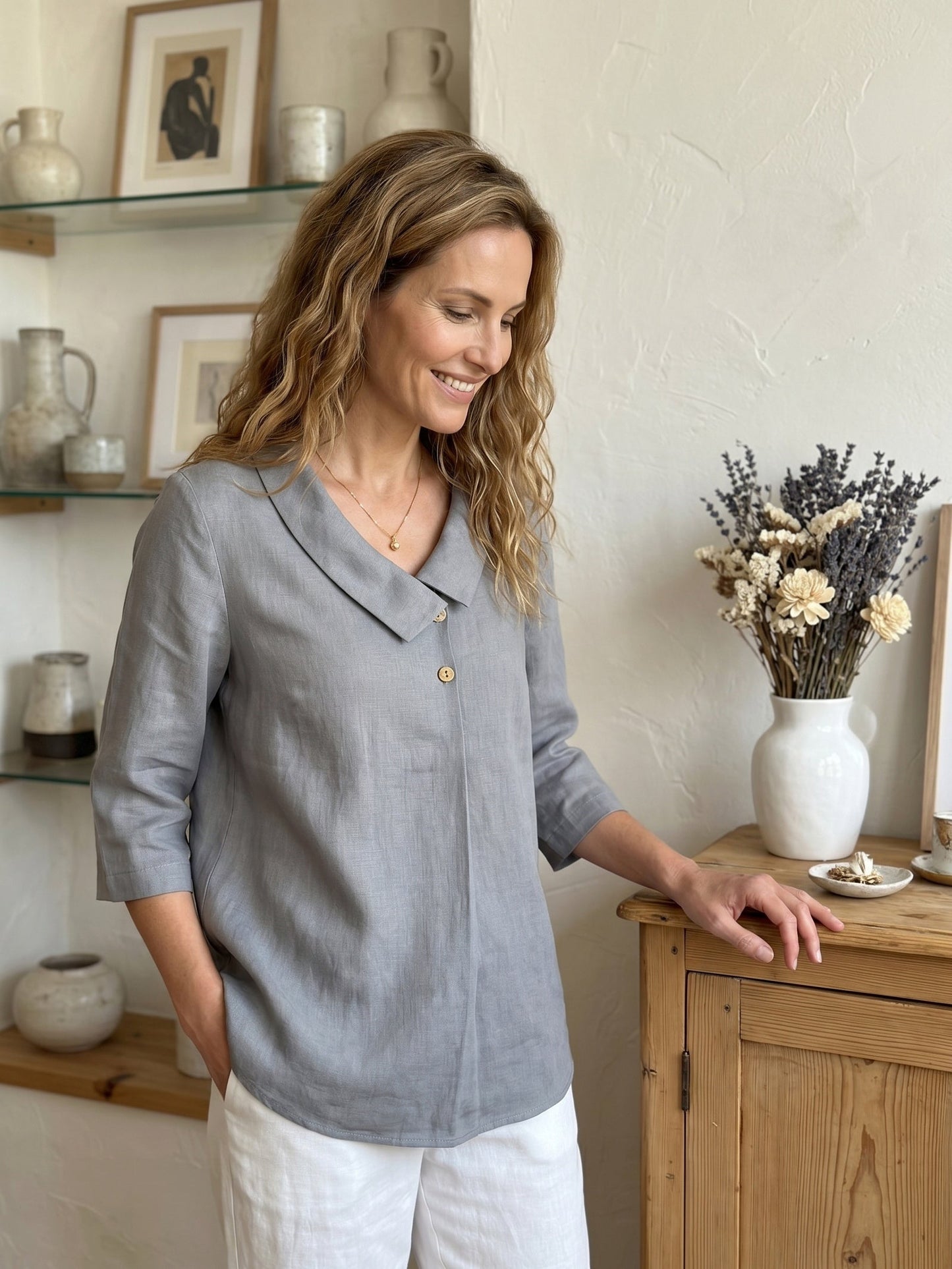 100% Linen Asymmetric Collar Inverted Pleat Top – Ottilie