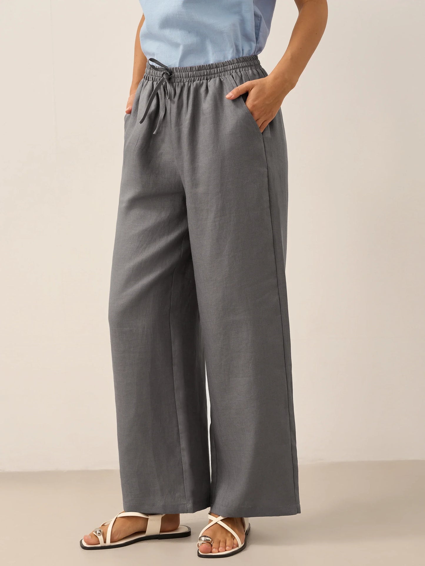 100% Linen Straight Leg Drawstring Pants – Lyon