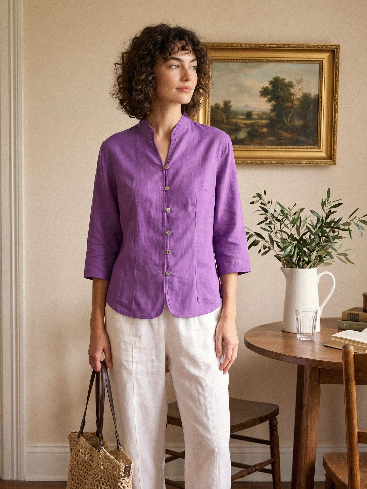 100% Linen Mandarin Collar Button Jacket – Amelia
