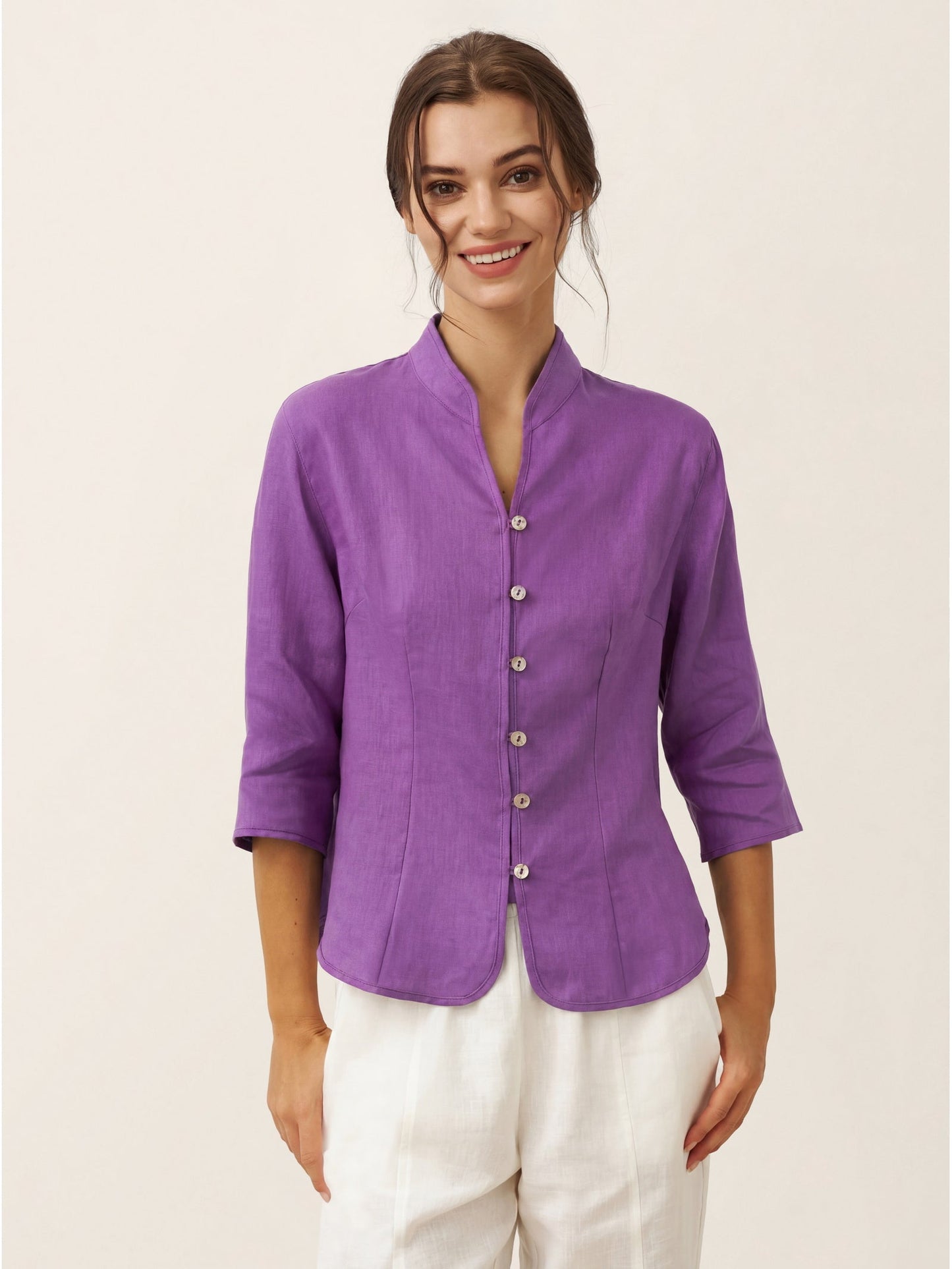 100% Linen Mandarin Collar Button Jacket – Amelia
