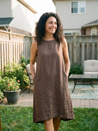 100% Linen Sleeveless Asymmetrical Hem Midi Dress – Sienna