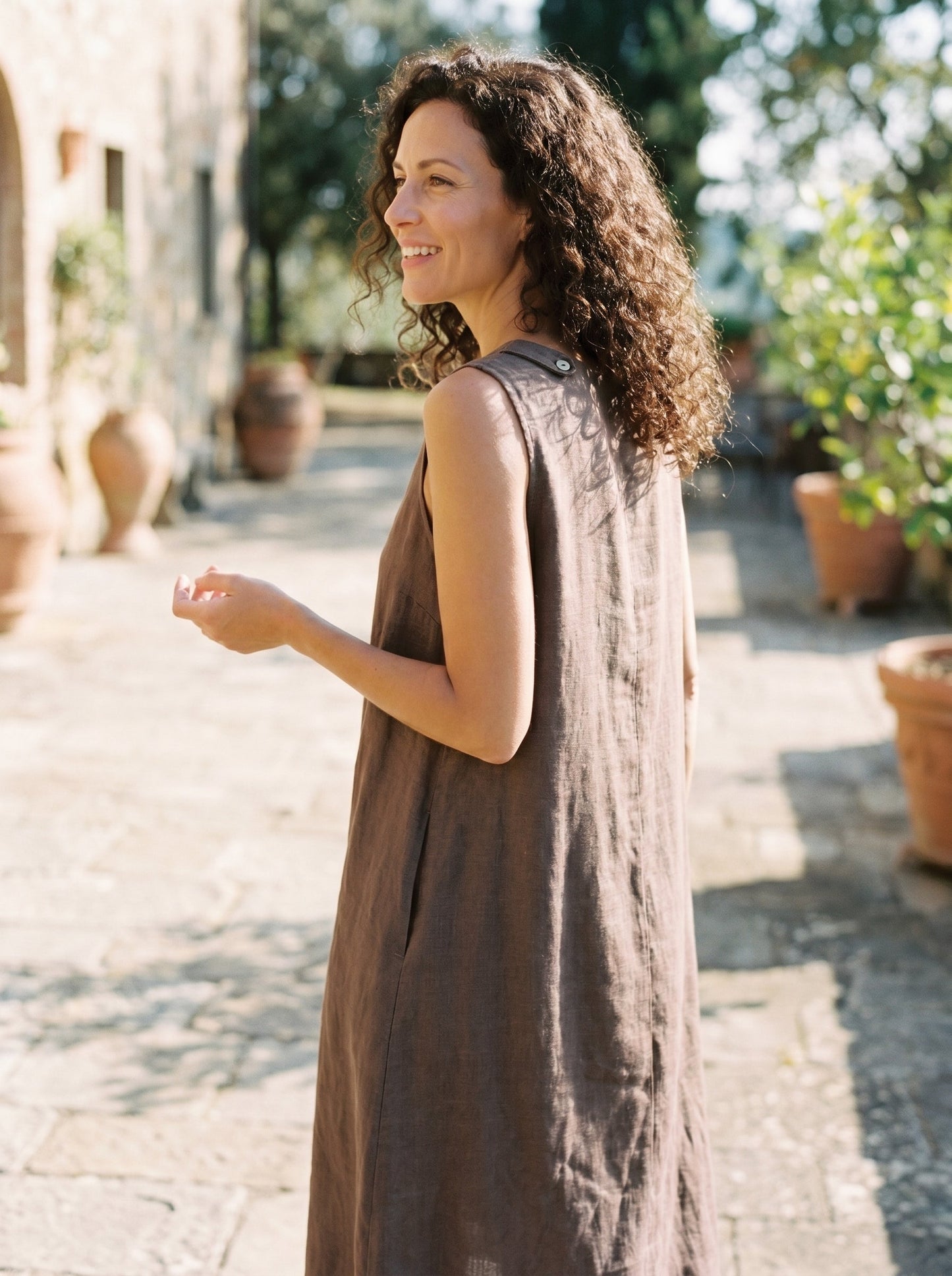 100% Linen Sleeveless Asymmetrical Hem Midi Dress – Sienna