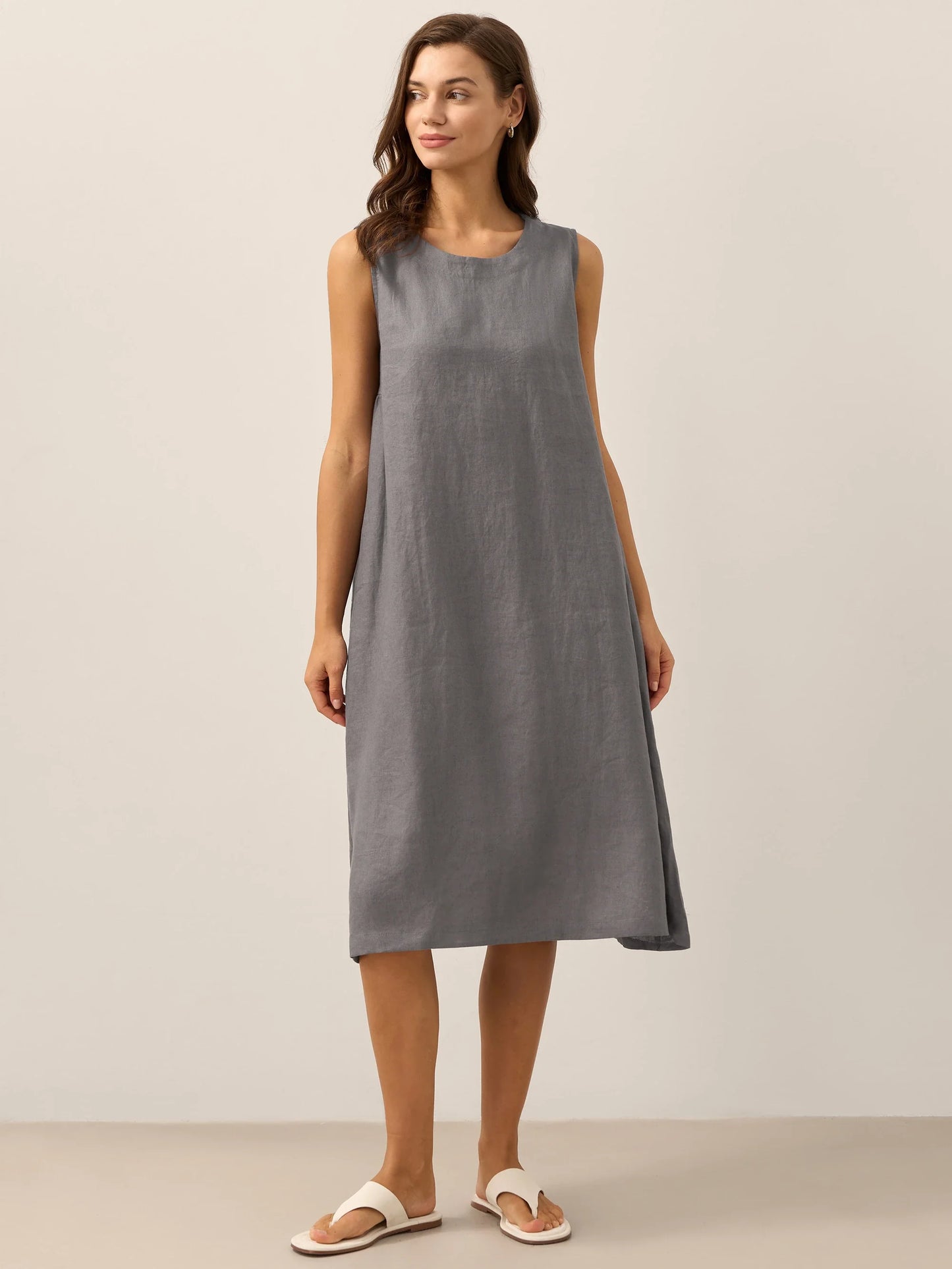 100% Linen Sleeveless Asymmetrical Hem Midi Dress – Sienna