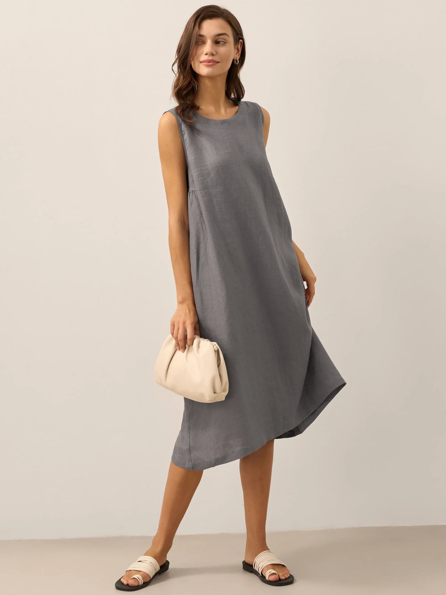 100% Linen Sleeveless Asymmetrical Hem Midi Dress – Sienna