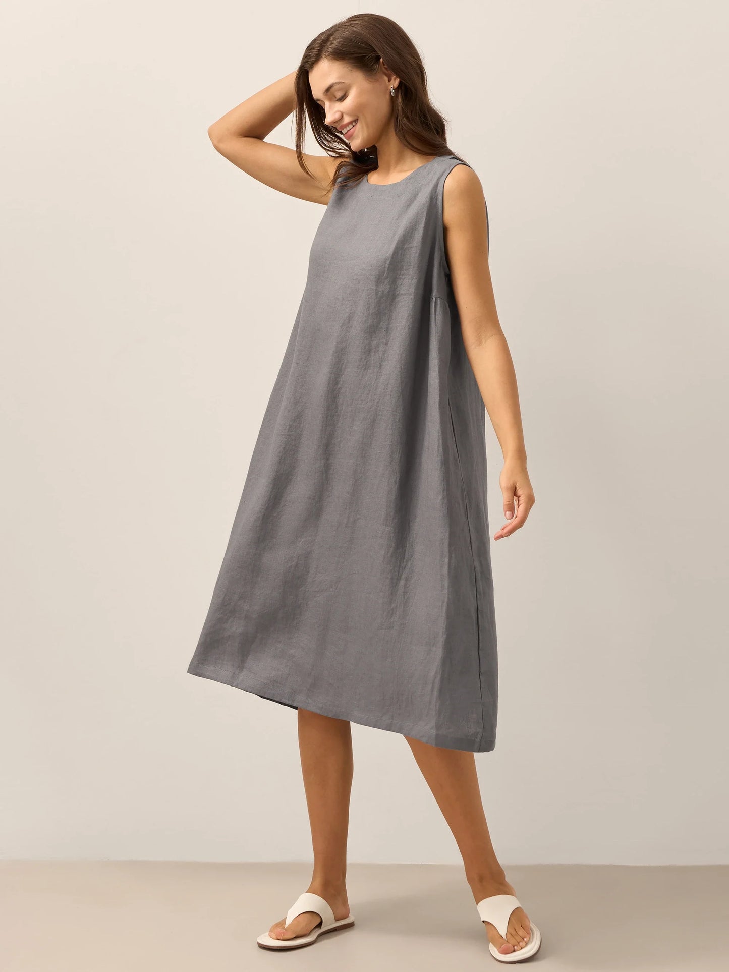 100% Linen Sleeveless Asymmetrical Hem Midi Dress – Sienna