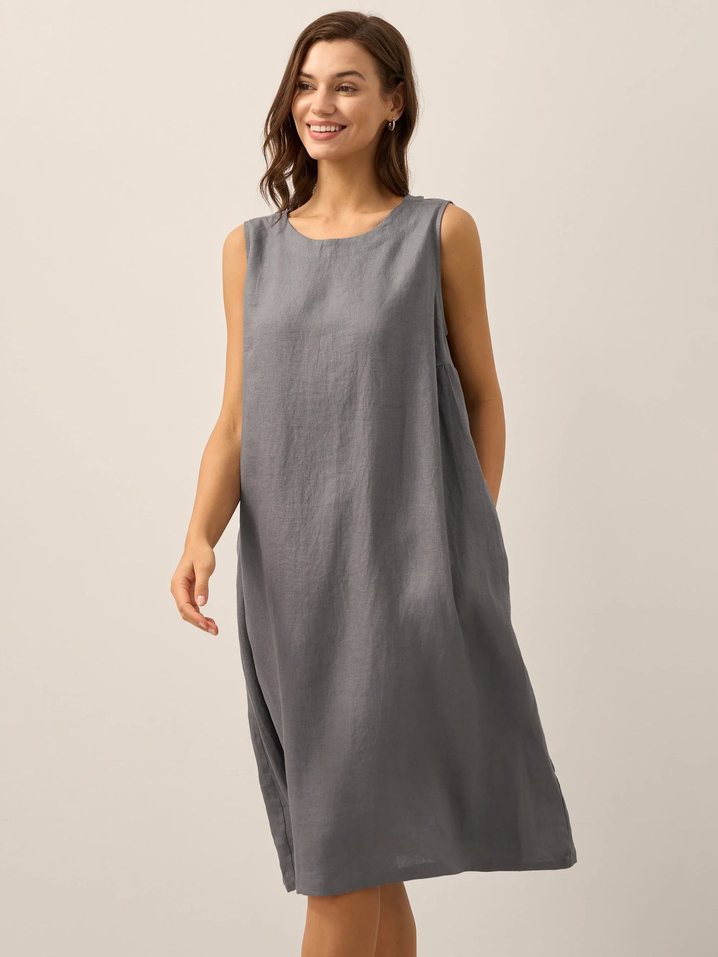 100% Linen Sleeveless Asymmetrical Hem Midi Dress – Sienna