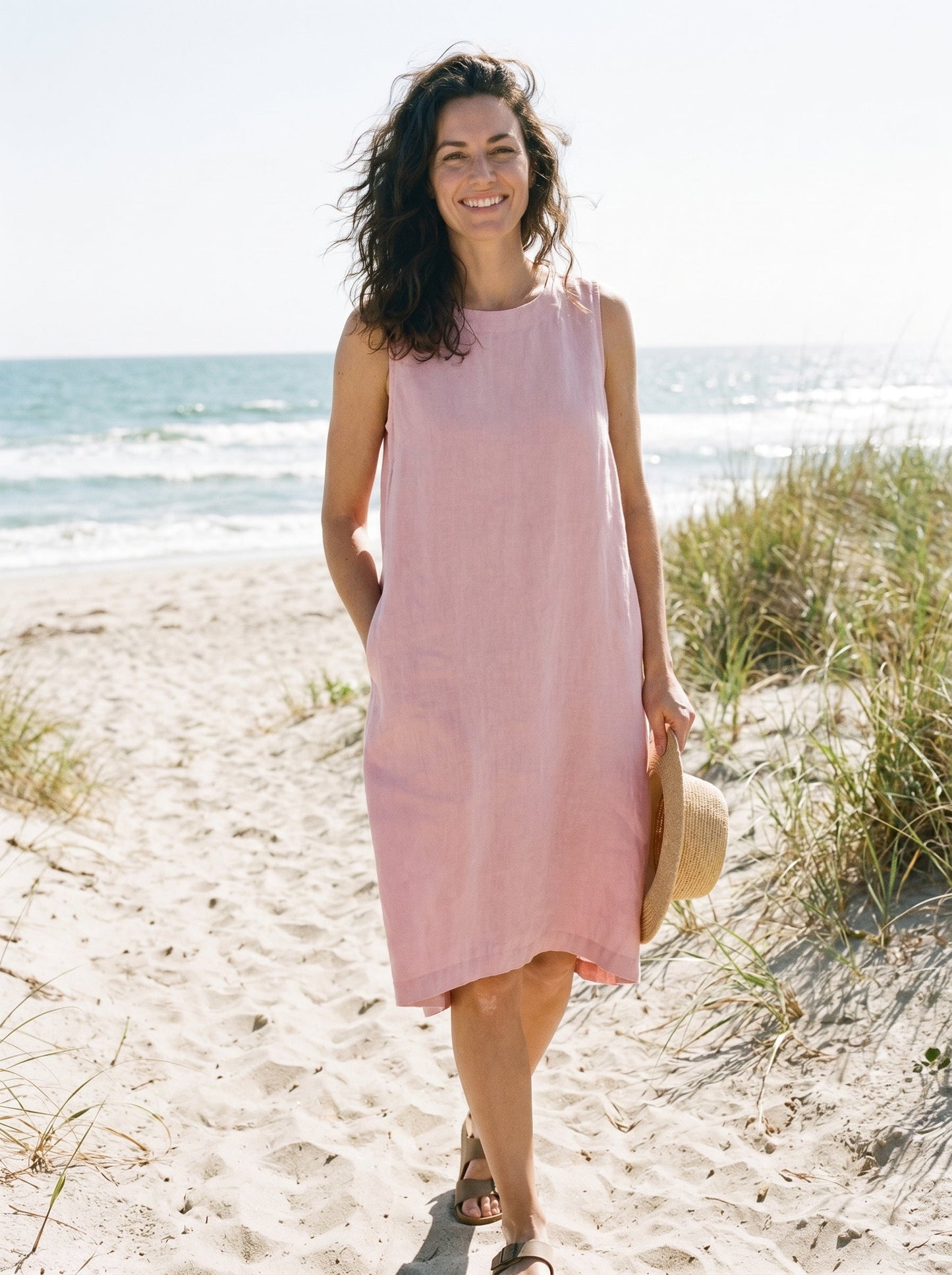 100% Linen Sleeveless Asymmetrical Hem Midi Dress – Sienna