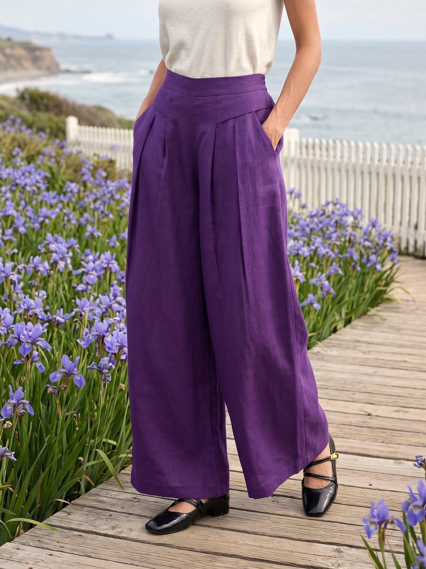 100% Linen Wide Leg Pleated Waist Pants – Louisa