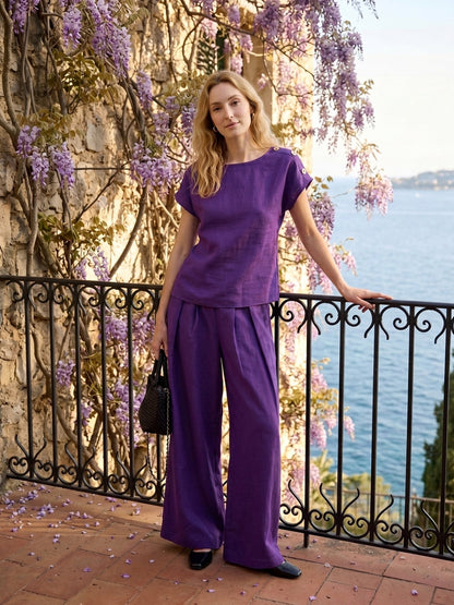 100% Linen Wide Leg Pleated Waist Pants – Louisa