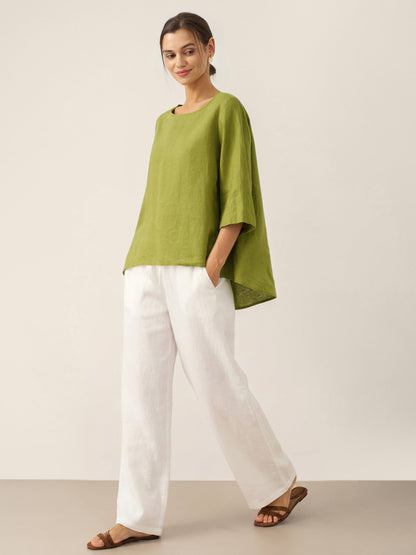 100% Linen Asymmetrical Hem Round Neck Top – Brianna