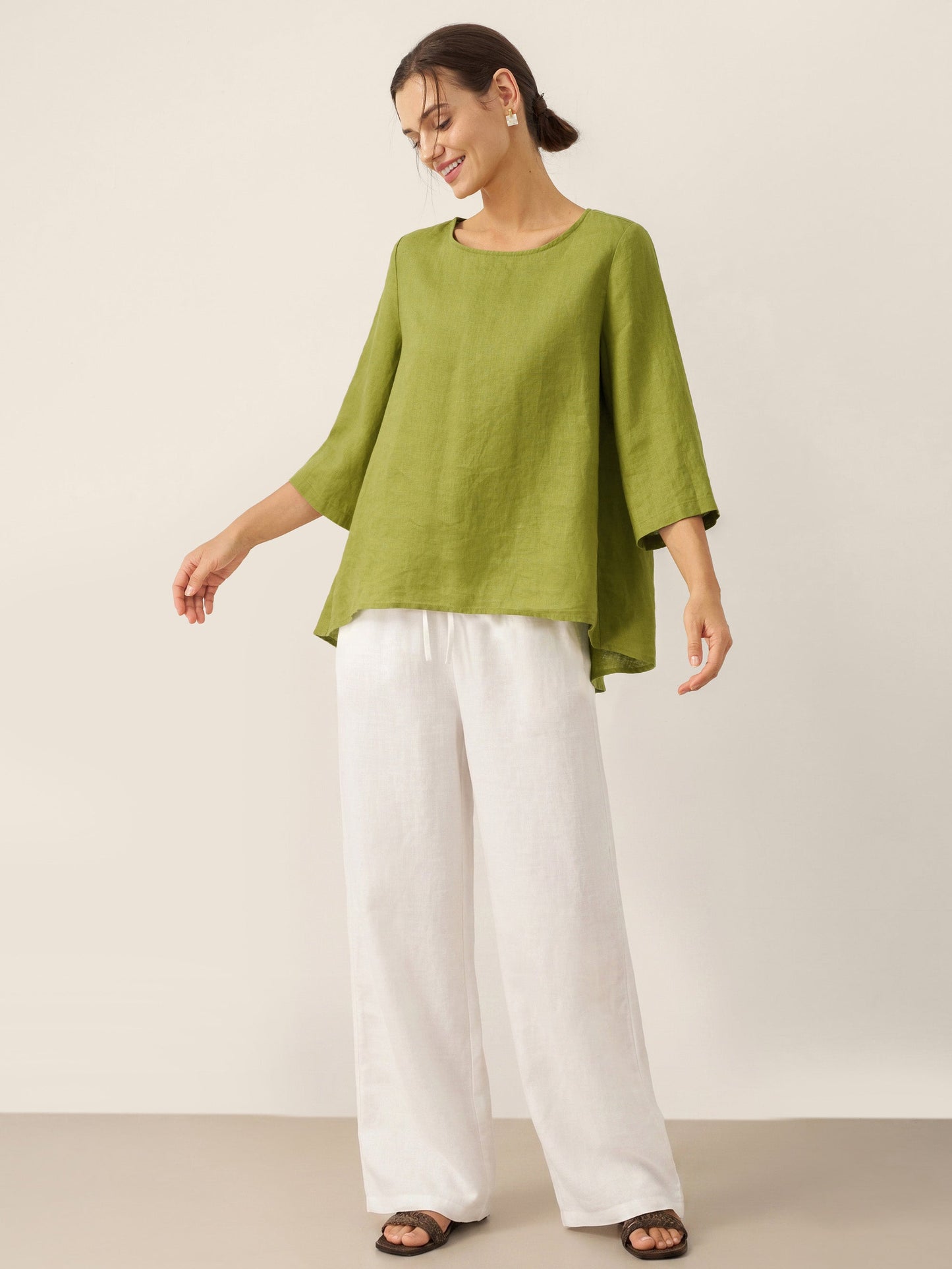 100% Linen Asymmetrical Hem Round Neck Top – Brianna