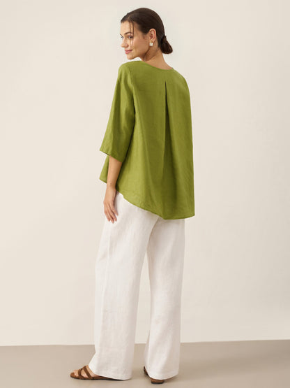 100% Linen Asymmetrical Hem Round Neck Top – Brianna