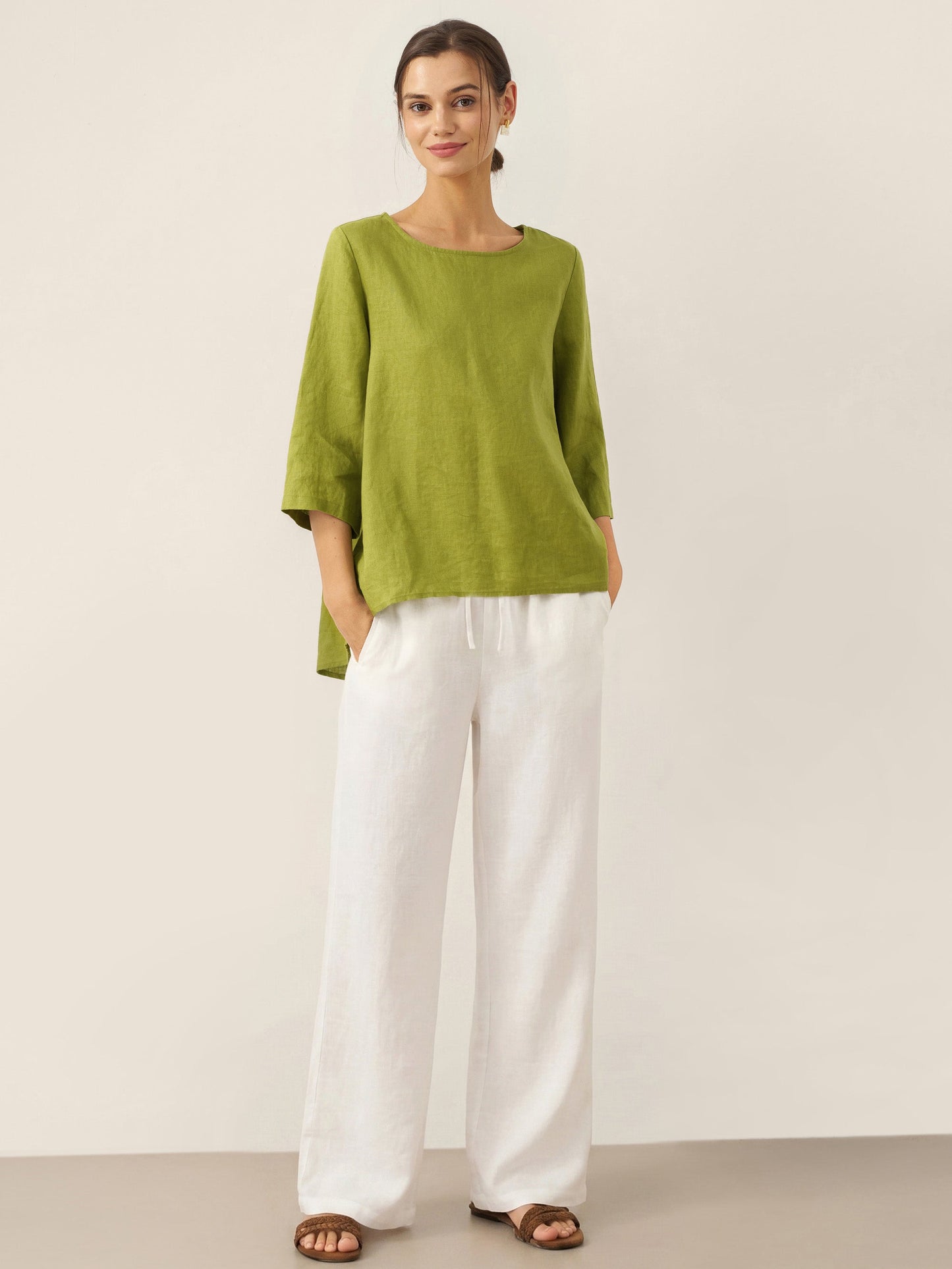 100% Linen Asymmetrical Hem Round Neck Top – Brianna