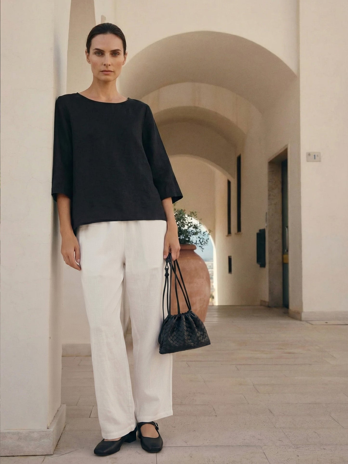 100% Linen Asymmetrical Hem Round Neck Top – Brianna