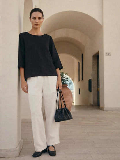 100% Linen Asymmetrical Hem Round Neck Top – Brianna
