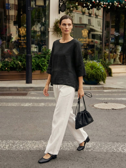 100% Linen Asymmetrical Hem Round Neck Top – Brianna