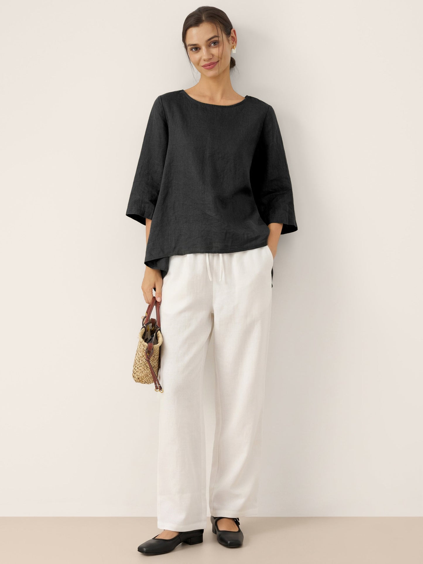 100% Linen Asymmetrical Hem Round Neck Top – Brianna