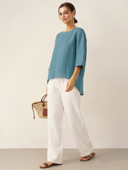 100% Linen Asymmetrical Hem Round Neck Top – Brianna