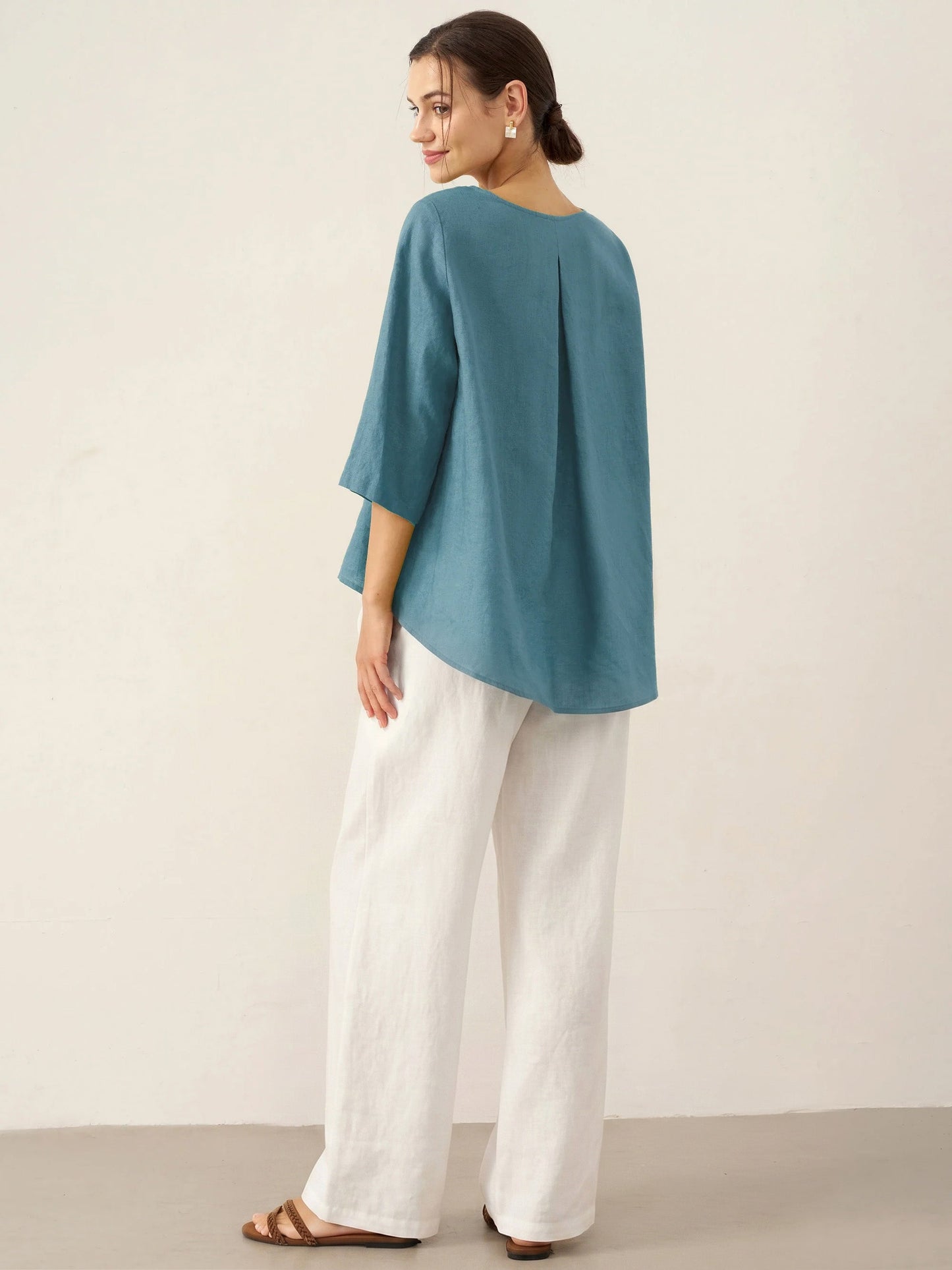 100% Linen Asymmetrical Hem Round Neck Top – Brianna