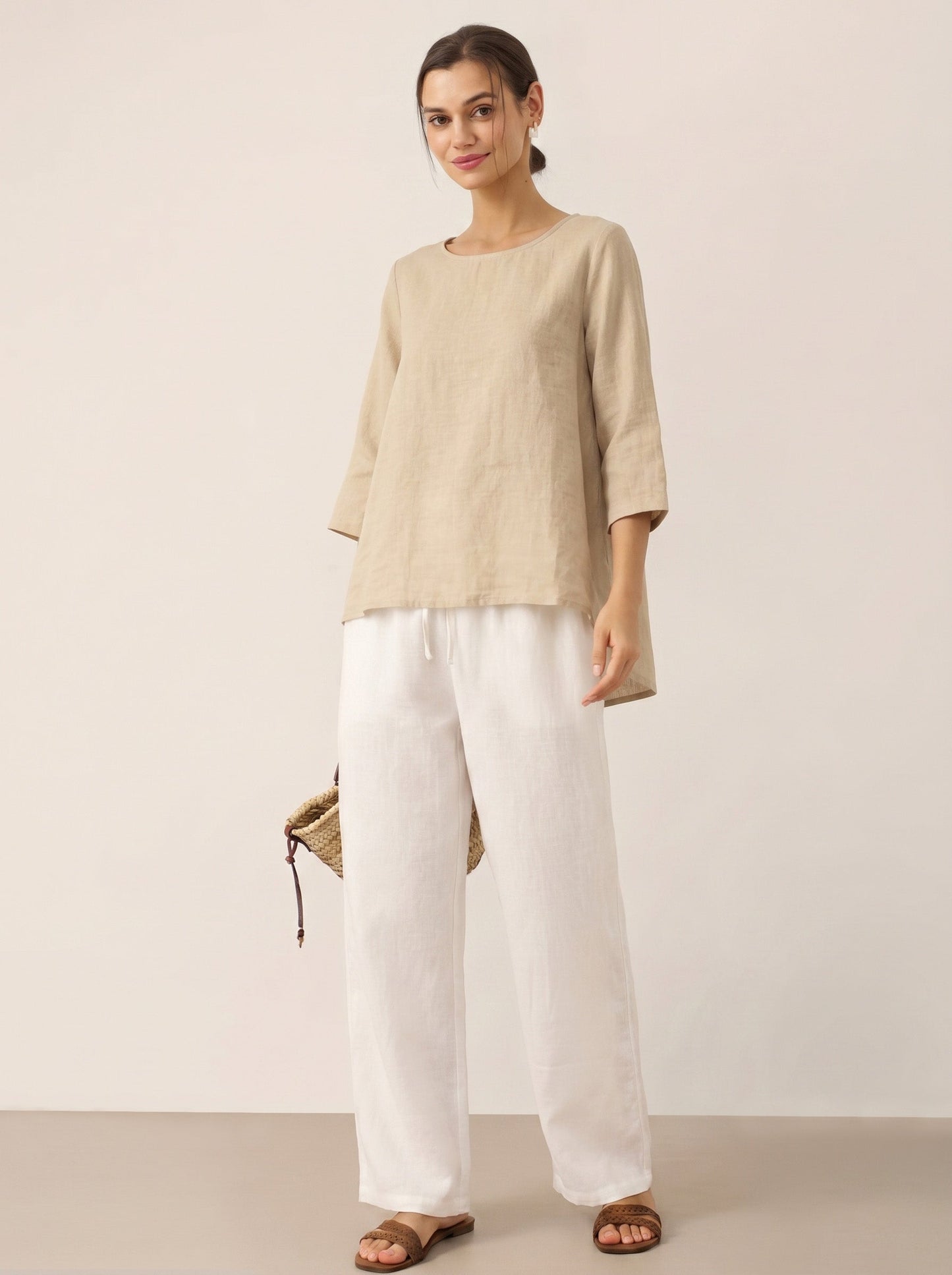 100% Linen Asymmetrical Hem Round Neck Top – Brianna