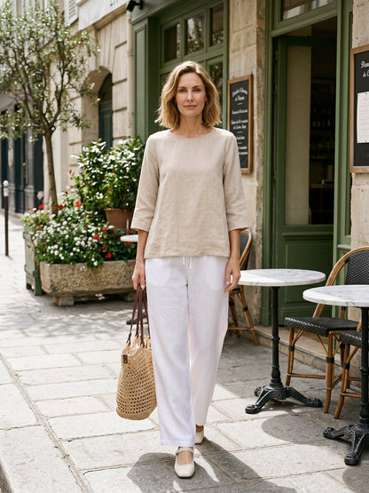 100% Linen Asymmetrical Hem Round Neck Top – Brianna
