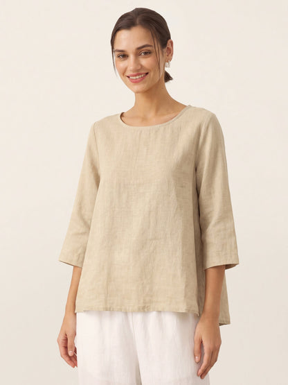 100% Linen Asymmetrical Hem Round Neck Top – Brianna