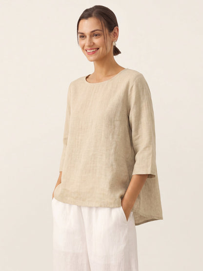 100% Linen Asymmetrical Hem Round Neck Top – Brianna