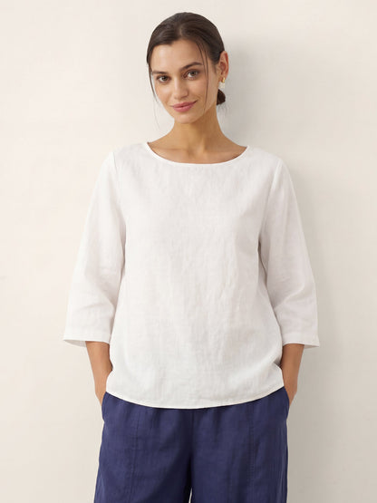 100% Linen Asymmetrical Hem Round Neck Top – Brianna