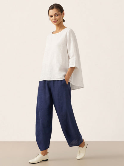 100% Linen Asymmetrical Hem Round Neck Top – Brianna