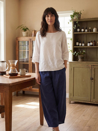 100% Linen Asymmetrical Hem Round Neck Top – Brianna