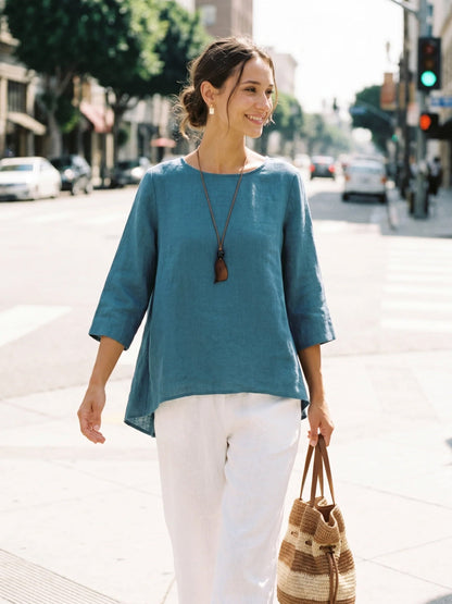 100% Linen Asymmetrical Hem Round Neck Top – Brianna