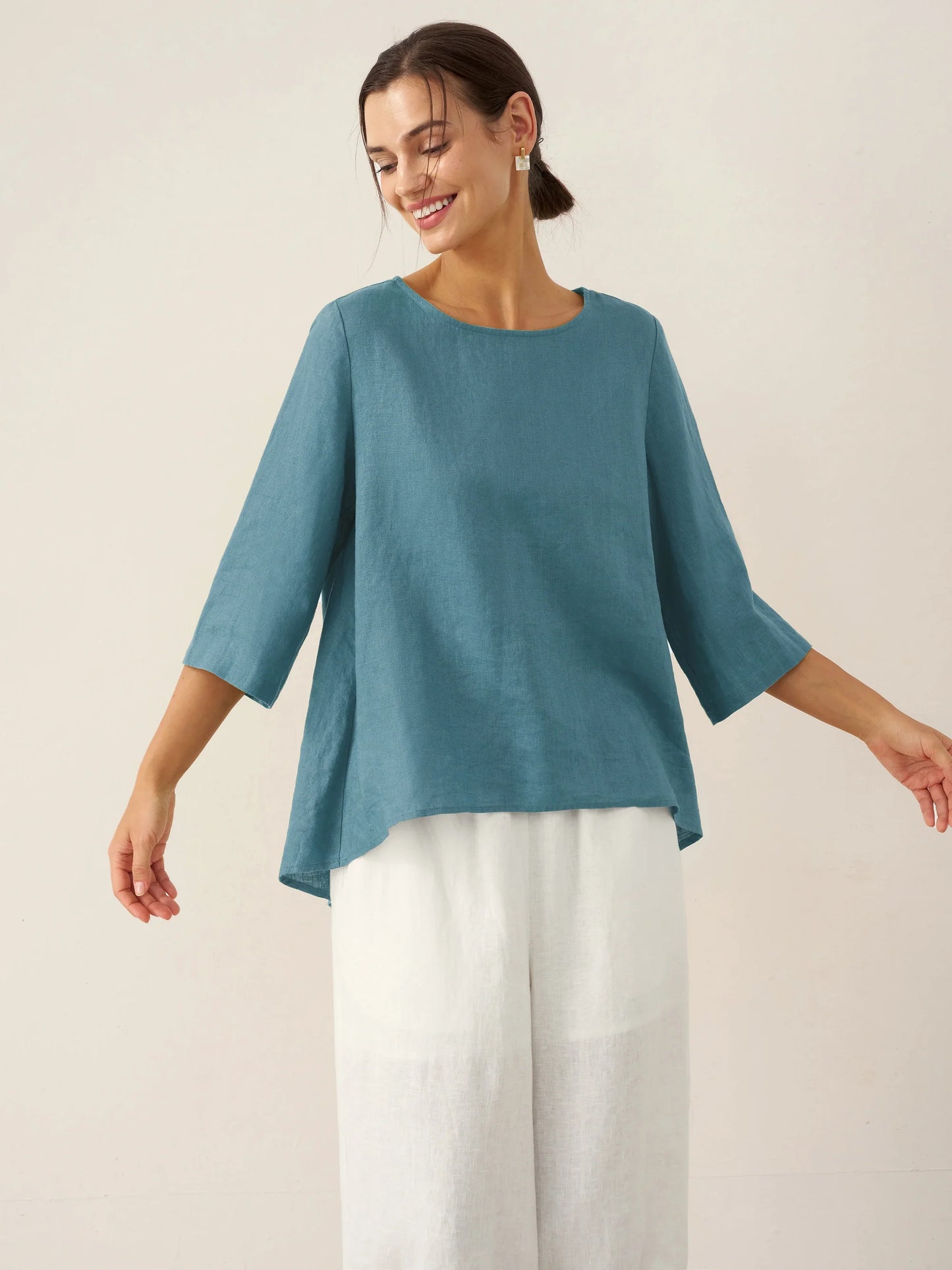 100% Linen Asymmetrical Hem Round Neck Top – Brianna
