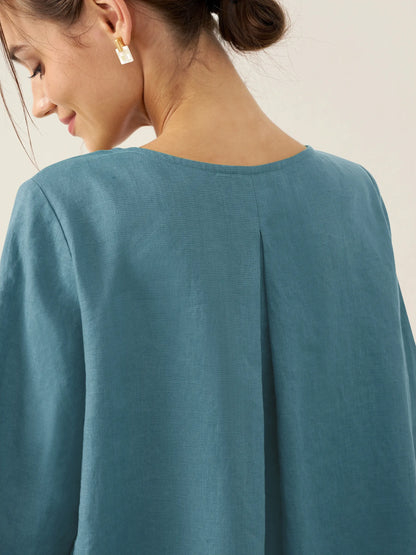 100% Linen Asymmetrical Hem Round Neck Top – Brianna