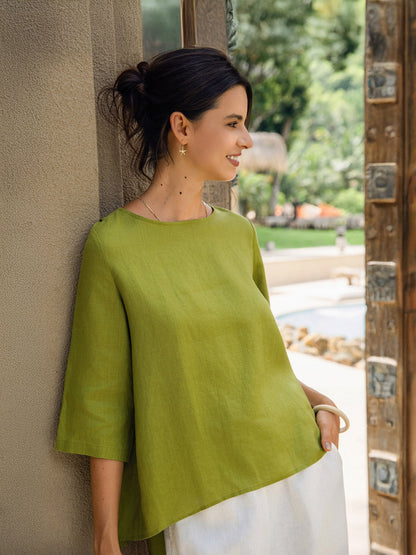 100% Linen Asymmetrical Hem Round Neck Top – Brianna