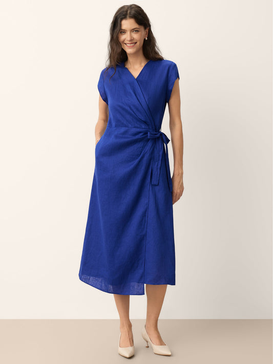 100% Linen Wrap Tie Waist A-Line Midi Dress – Kerstin