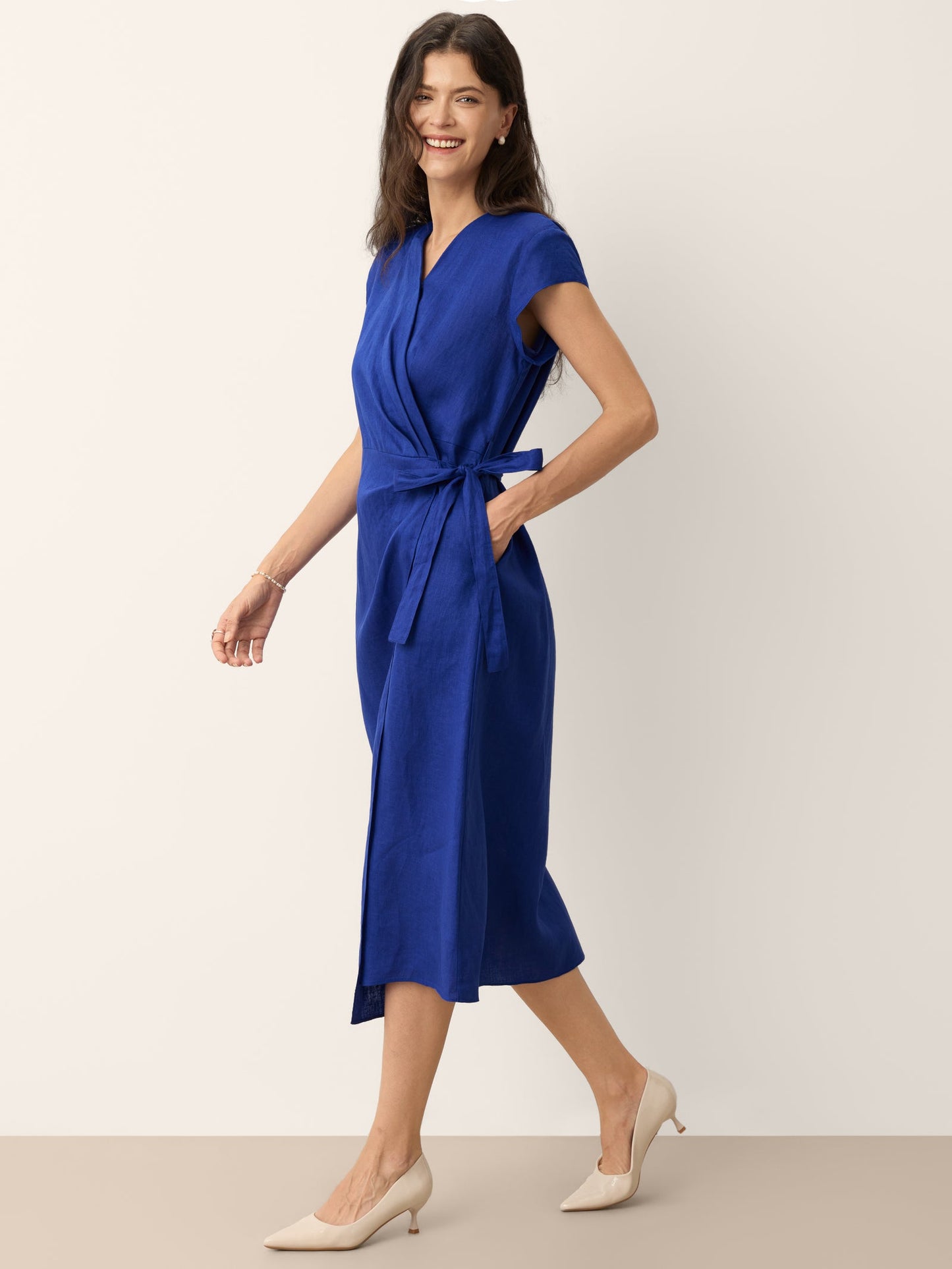 100% Linen Wrap Tie Waist A-Line Midi Dress – Kerstin