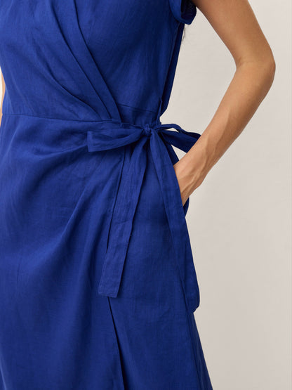 100% Linen Wrap Tie Waist A-Line Midi Dress – Kerstin