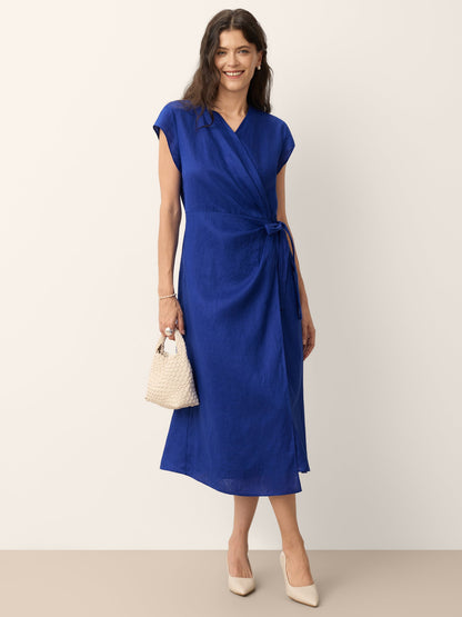 100% Linen Wrap Tie Waist A-Line Midi Dress – Kerstin