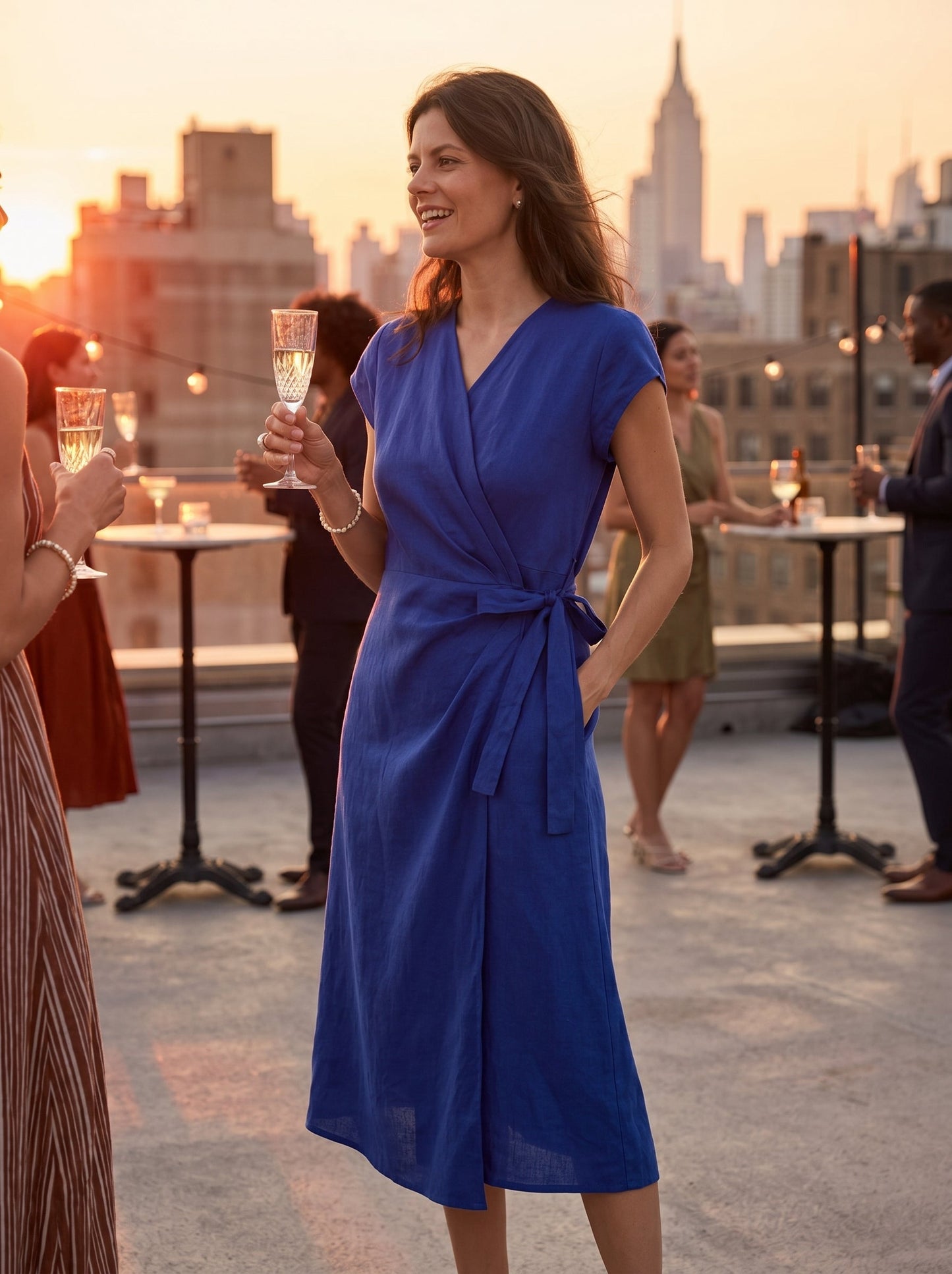100% Linen Wrap Tie Waist A-Line Midi Dress – Kerstin