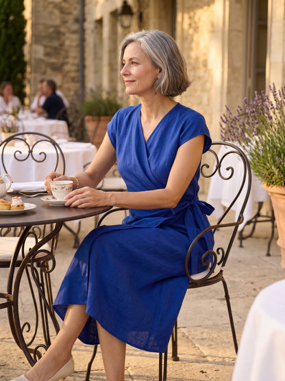 100% Linen Wrap Tie Waist A-Line Midi Dress – Kerstin