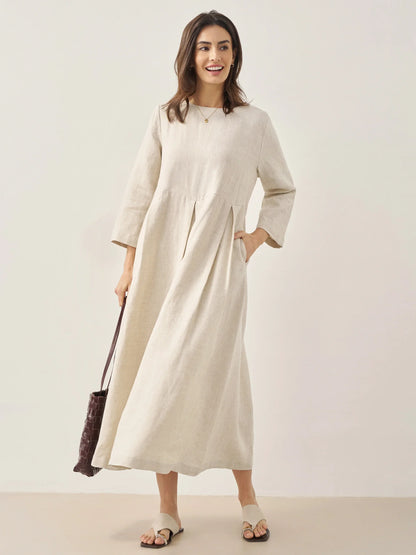 100% Linen Bateau Neck Pleated Midi Dress – Abigail