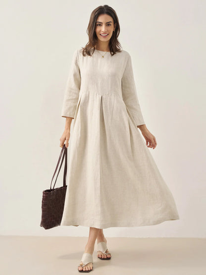 100% Linen Bateau Neck Pleated Midi Dress – Abigail