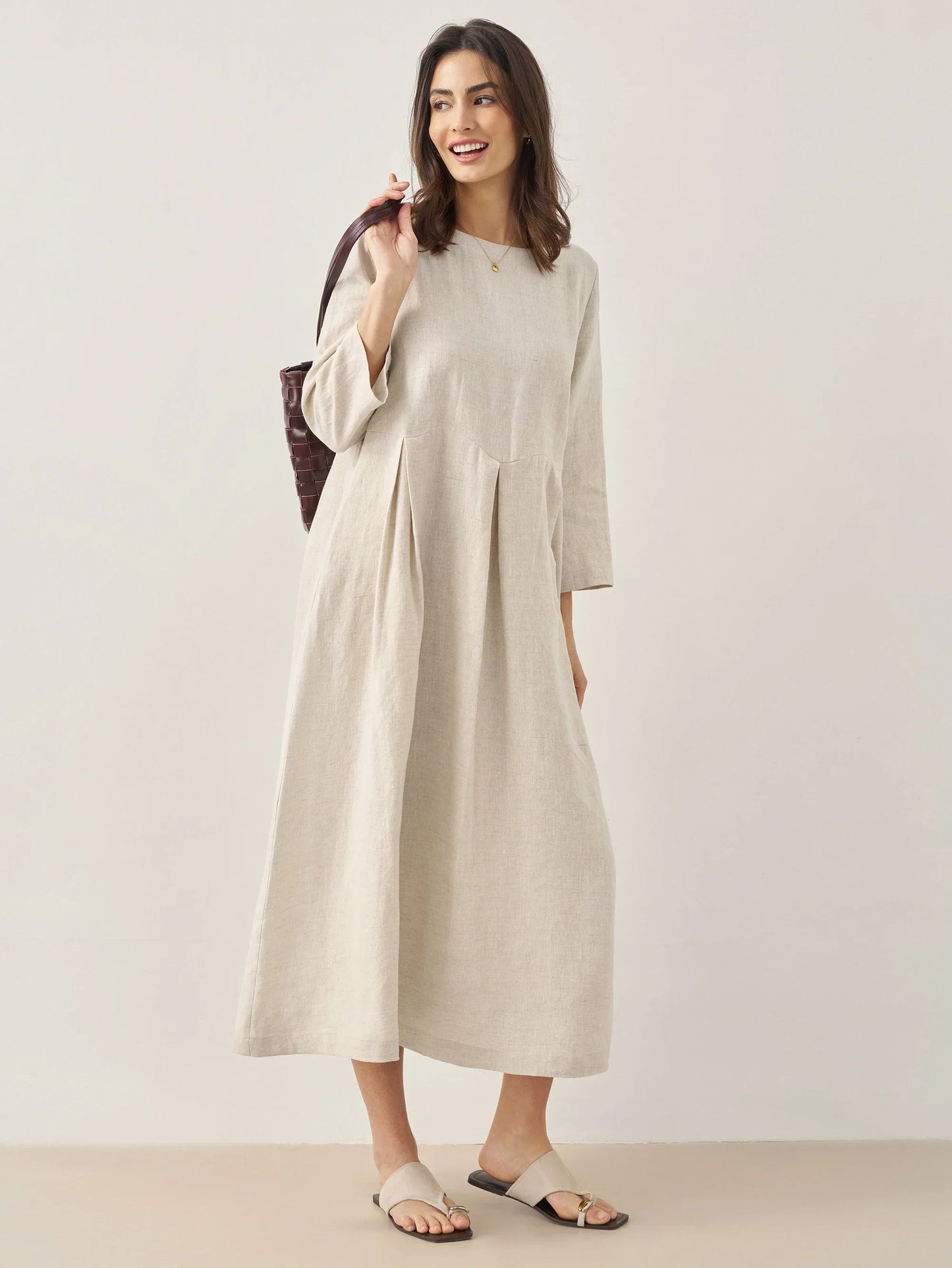 100% Linen Bateau Neck Pleated Midi Dress – Abigail