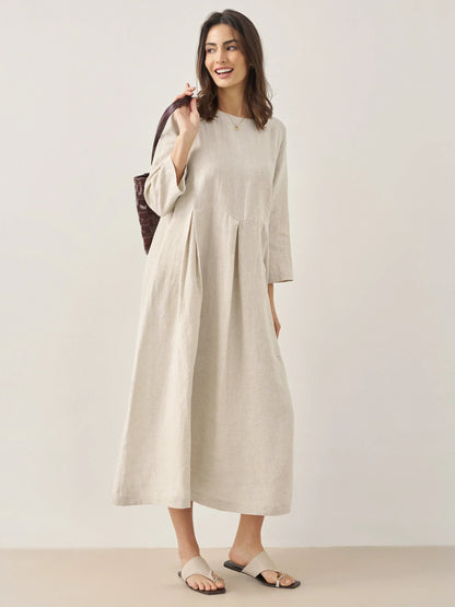 100% Linen Bateau Neck Pleated Midi Dress – Abigail