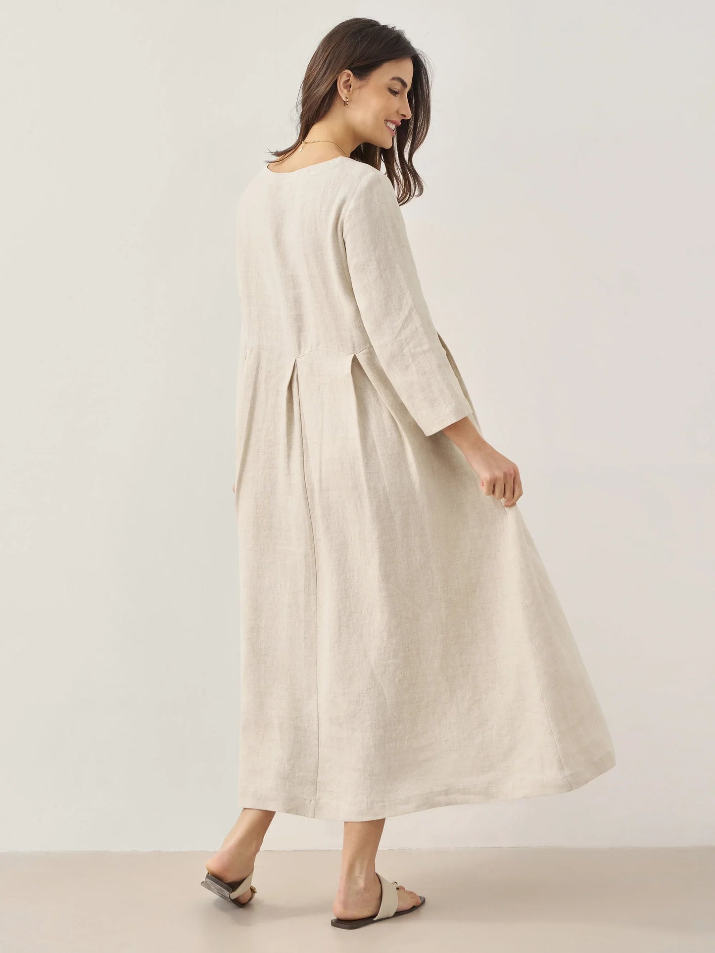 100% Linen Bateau Neck Pleated Midi Dress – Abigail