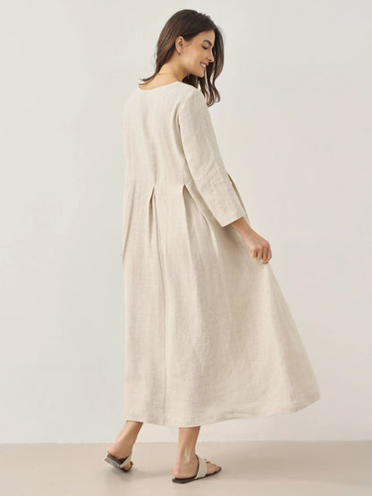 100% Linen Bateau Neck Pleated Midi Dress – Abigail