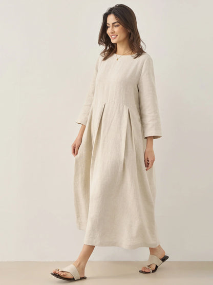 100% Linen Bateau Neck Pleated Midi Dress – Abigail