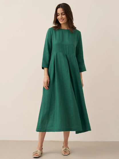 100% Linen Bateau Neck Pleated Midi Dress – Abigail